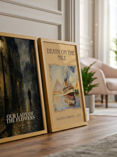 Our Lady of the Flowers watercolour print framed by window – literary home decor