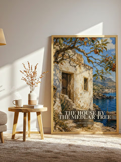 The House by the Medlar Tree watercolour print in frame leaning in hallway – literary fiction wall art