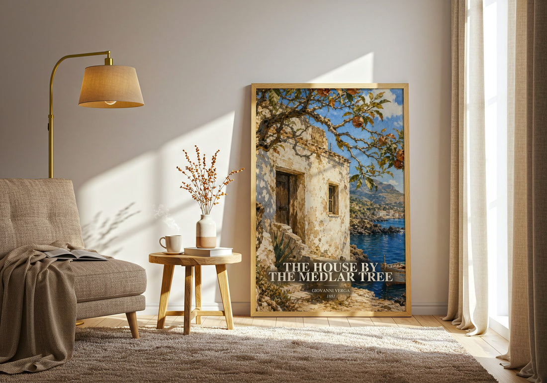 The House by the Medlar Tree watercolour print in frame leaning in hallway – literary fiction wall art