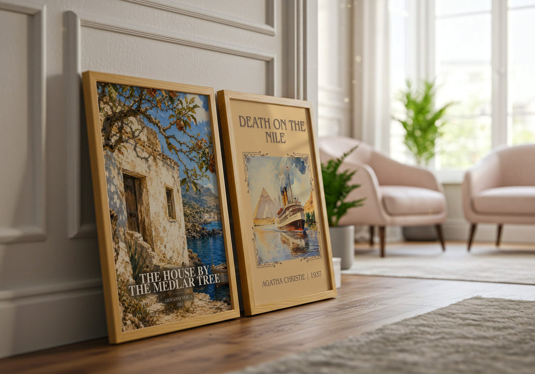 The House by the Medlar Tree watercolour print framed by window – literary home decor