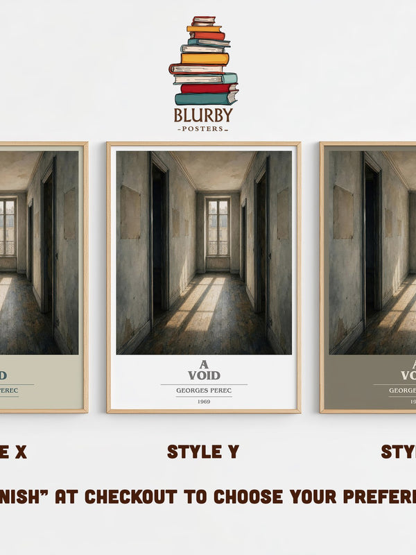 A Void book cover print in frame leaning in hallway – literary fiction wall art