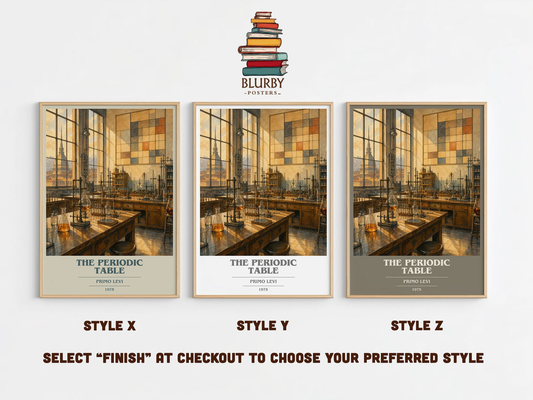 The Periodic Table book cover print in frame leaning in hallway – memoir wall art (mockup)