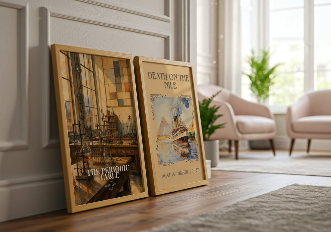 The Periodic Table watercolour print framed by window – literary home decor