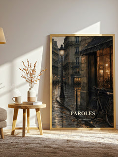 Paroles watercolour print in frame leaning in hallway – poetry wall art