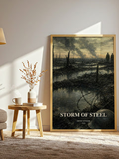 Storm of Steel watercolour print in frame leaning in hallway – memoir wall art
