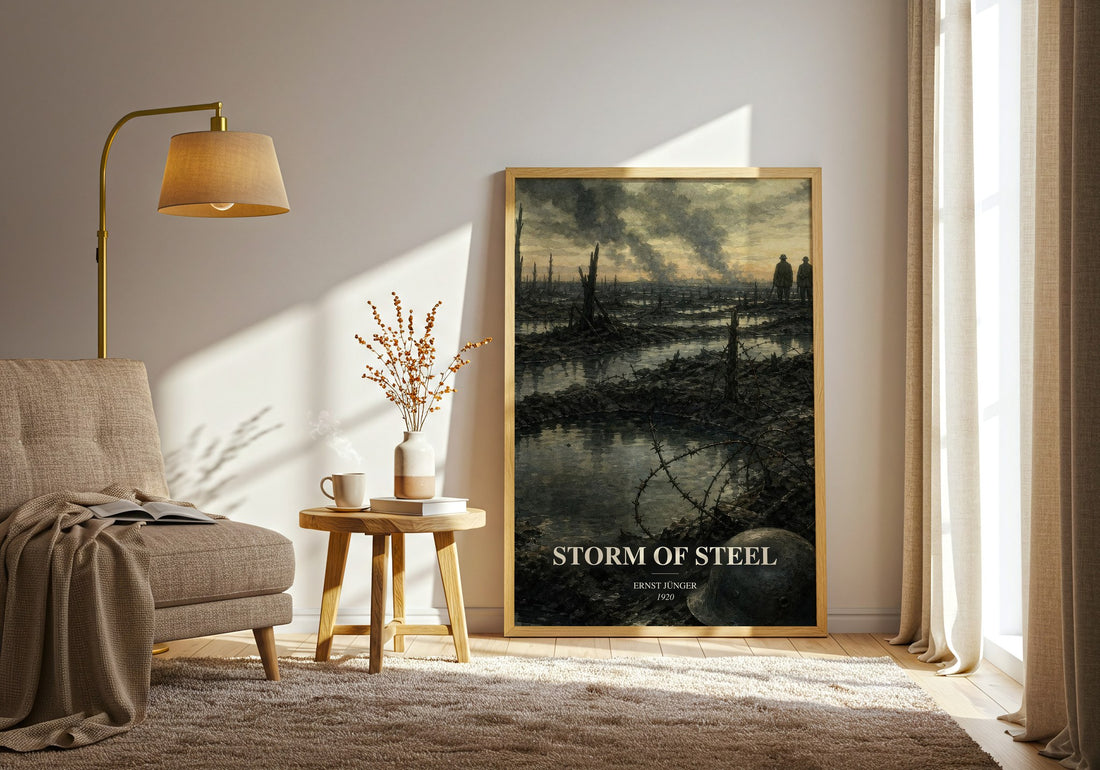 Storm of Steel watercolour print in frame leaning in hallway – memoir wall art