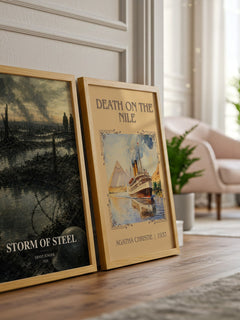 Storm of Steel watercolour print framed by window – literary home decor