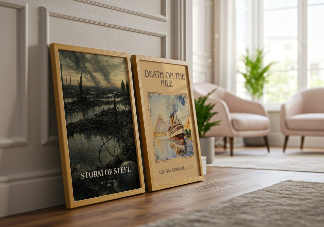 Storm of Steel watercolour print framed by window – literary home decor