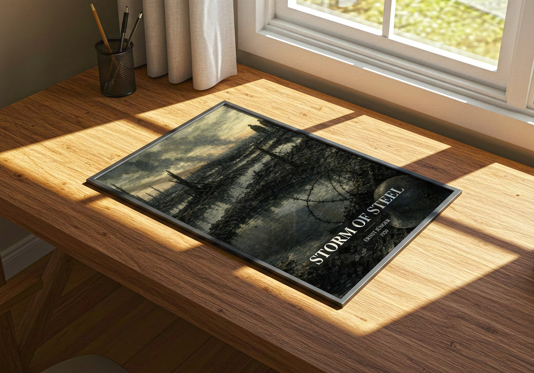 Storm of Steel watercolour book poster framed on wall – memoir wall art