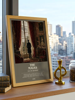 The Maias Bookish Wall Art by Eça de Queirós – framed print on a city-view windowsill