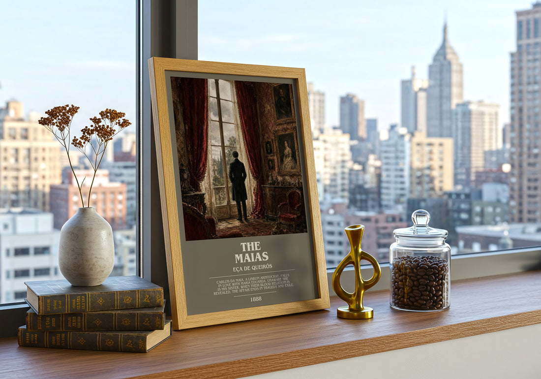 The Maias Bookish Wall Art by Eça de Queirós – framed print on a city-view windowsill