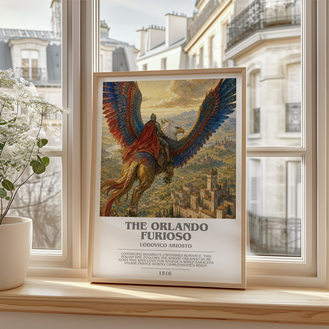 The Orlando Furioso Bookish Wall Art by Lodovico Ariosto – framed print by a bright window