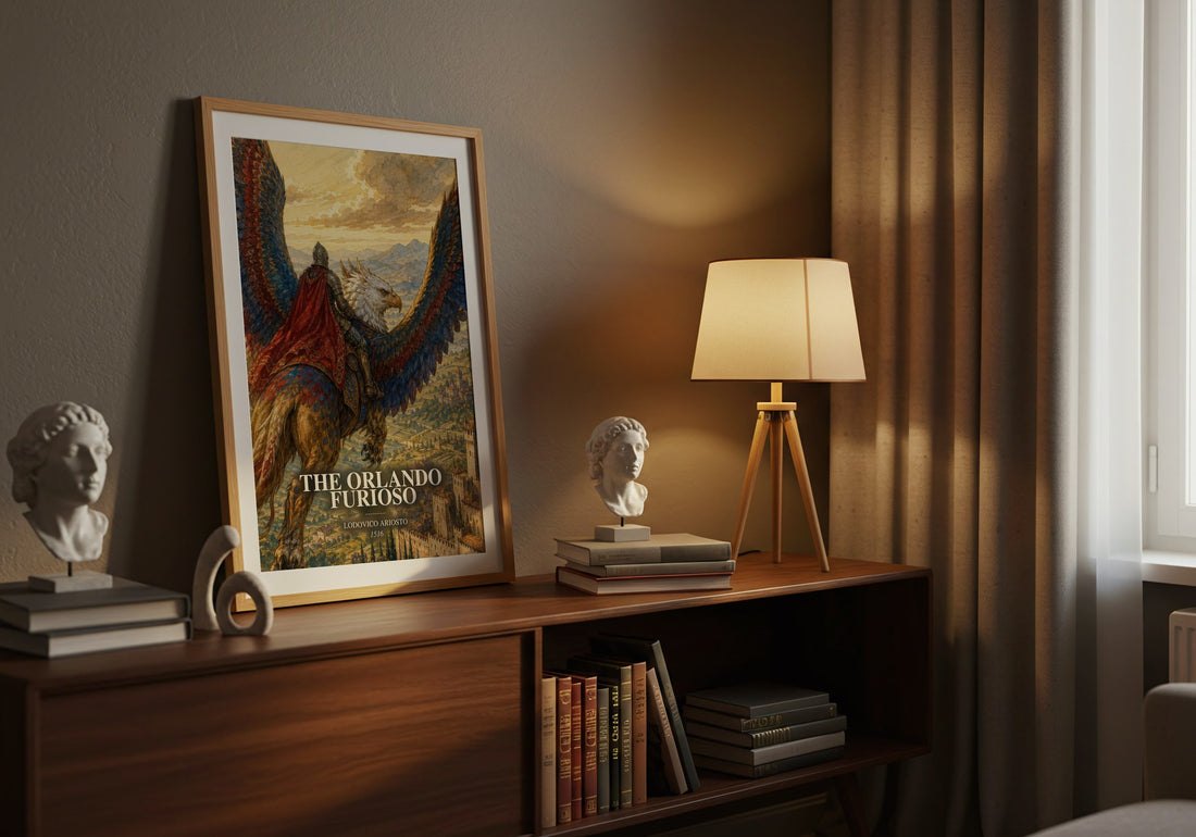 The Orlando Furioso watercolour print on bookshelf – Lodovico Ariosto fan gift