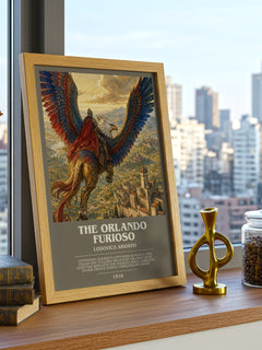 The Orlando Furioso Bookish Wall Art by Lodovico Ariosto – framed print on a city-view windowsill