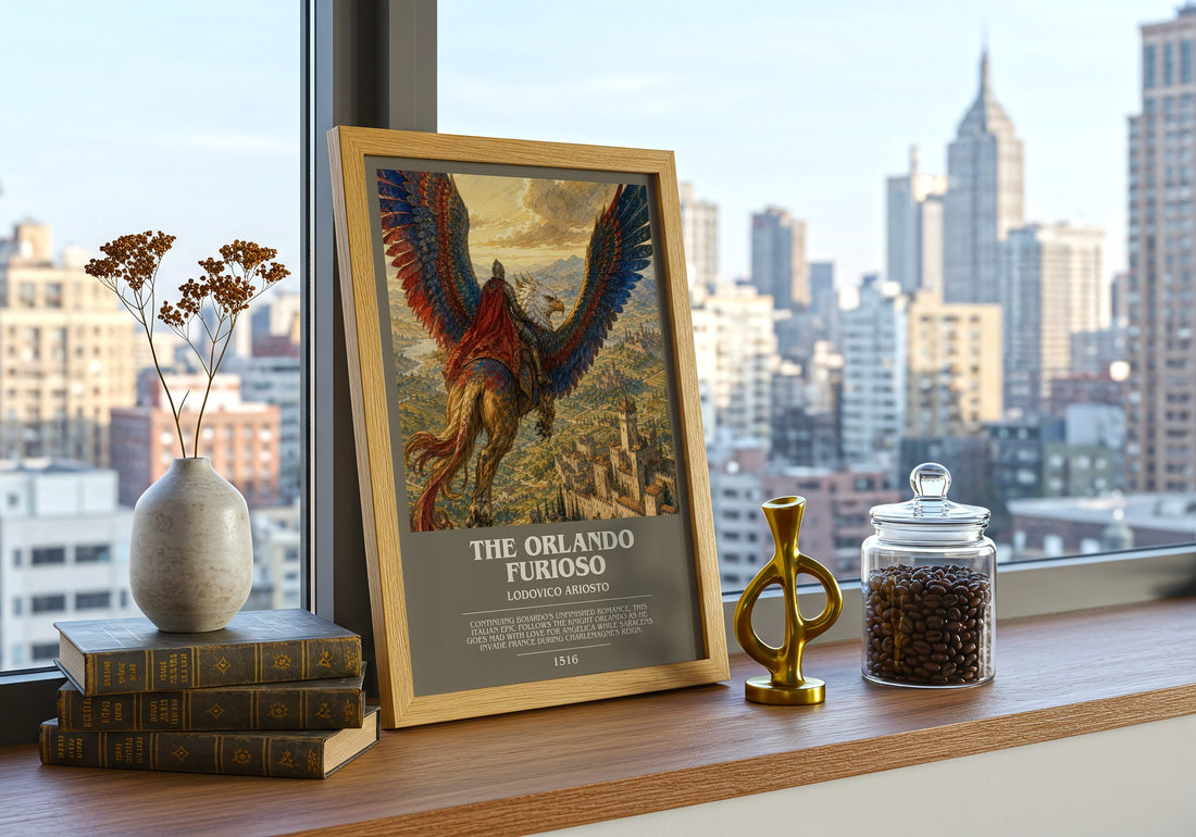 The Orlando Furioso Bookish Wall Art by Lodovico Ariosto – framed print on a city-view windowsill