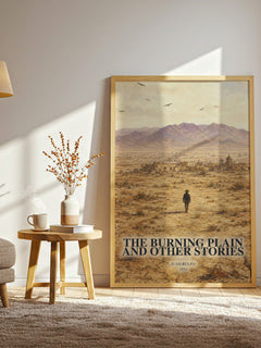 The Burning Plain and Other Stories watercolour print in frame leaning in hallway – literary fiction wall art