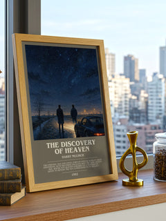 The Discovery of Heaven Bookish Wall Art by Harry Mulisch – framed print on a city-view windowsill