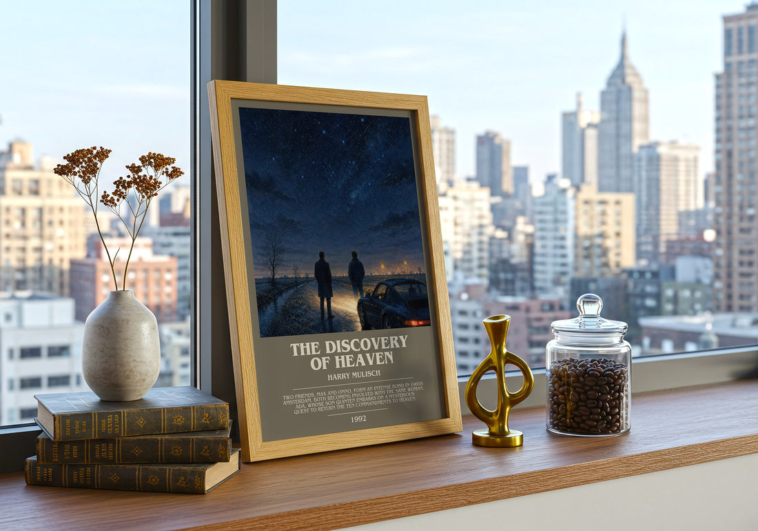 The Discovery of Heaven Bookish Wall Art by Harry Mulisch – framed print on a city-view windowsill