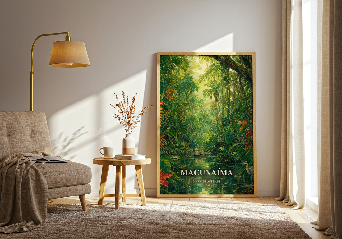 Macunaíma watercolour print in frame leaning in hallway – literary fiction wall art