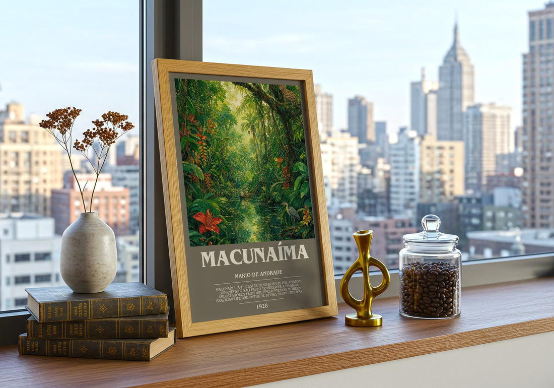 Macunaíma Bookish Wall Art by Mario de Andrade – framed print on a city-view windowsill