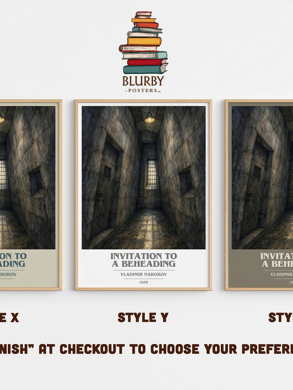 Invitation To A Beheading book cover print in frame leaning in hallway – literary fiction wall art
