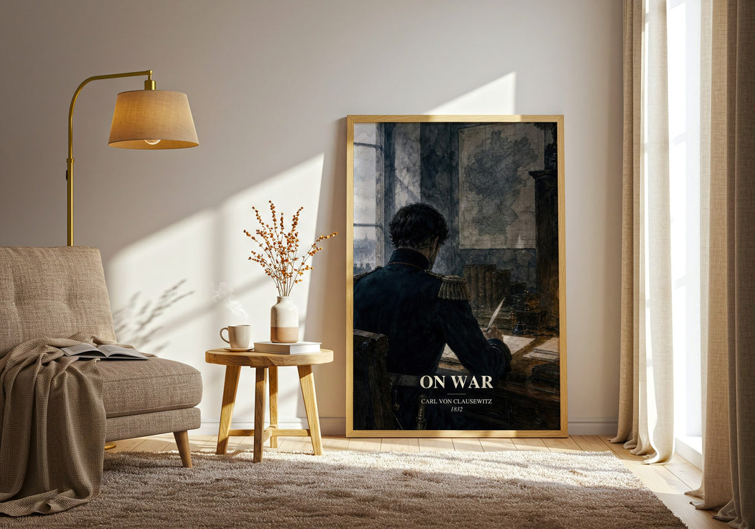 On War watercolour print in frame leaning in hallway – non fiction wall art