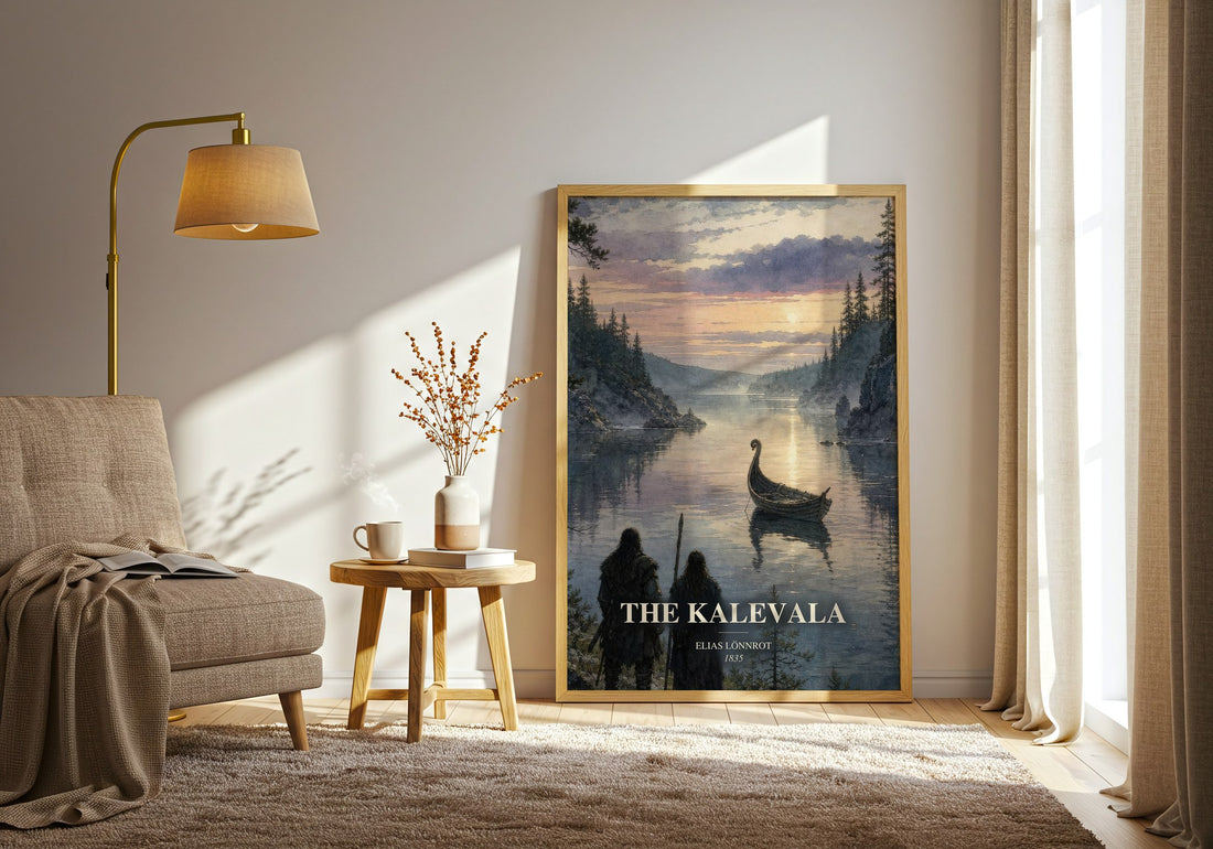 The Kalevala watercolour print in frame leaning in hallway – poetry wall art