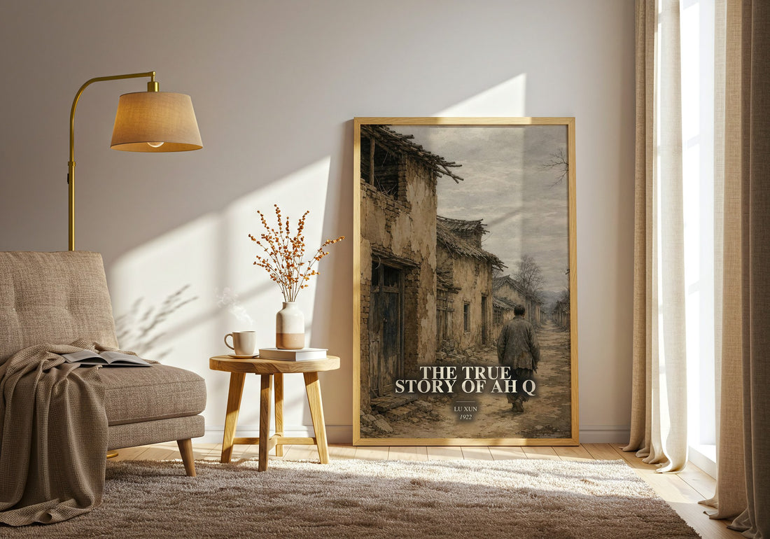 The True Story Of Ah Q watercolour print in frame leaning in hallway – satire wall art