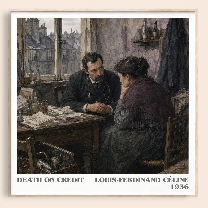 Death on Credit literary book poster by Louis-Ferdinand Céline – framed literary art print