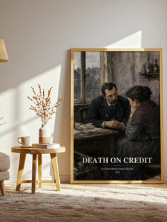 Death on Credit watercolour print in frame leaning in hallway – literary fiction wall art