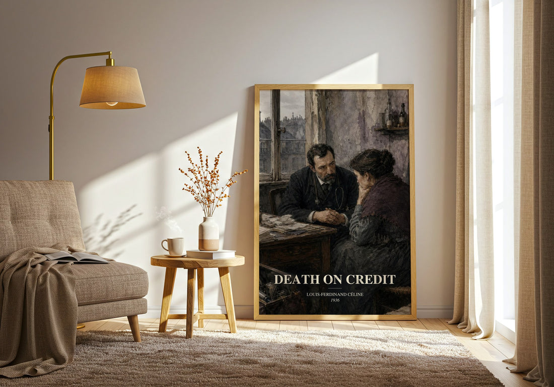 Death on Credit watercolour print in frame leaning in hallway – literary fiction wall art