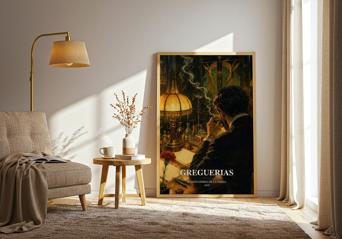 Greguerias watercolour print in frame leaning in hallway – poetry wall art