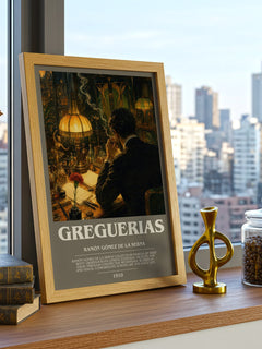 Greguerias Bookish Wall Art by Ramón Gómez de la Serna – framed print on a city-view windowsill