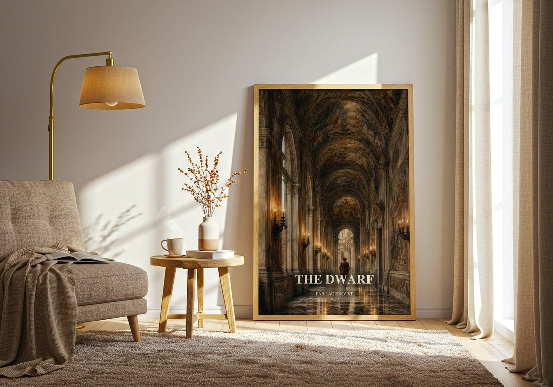 The Dwarf watercolour print in frame leaning in hallway – literary fiction wall art