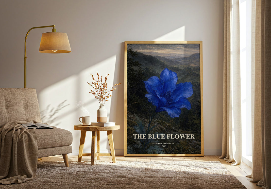 The Blue Flower watercolour print in frame leaning in hallway – historical fiction wall art