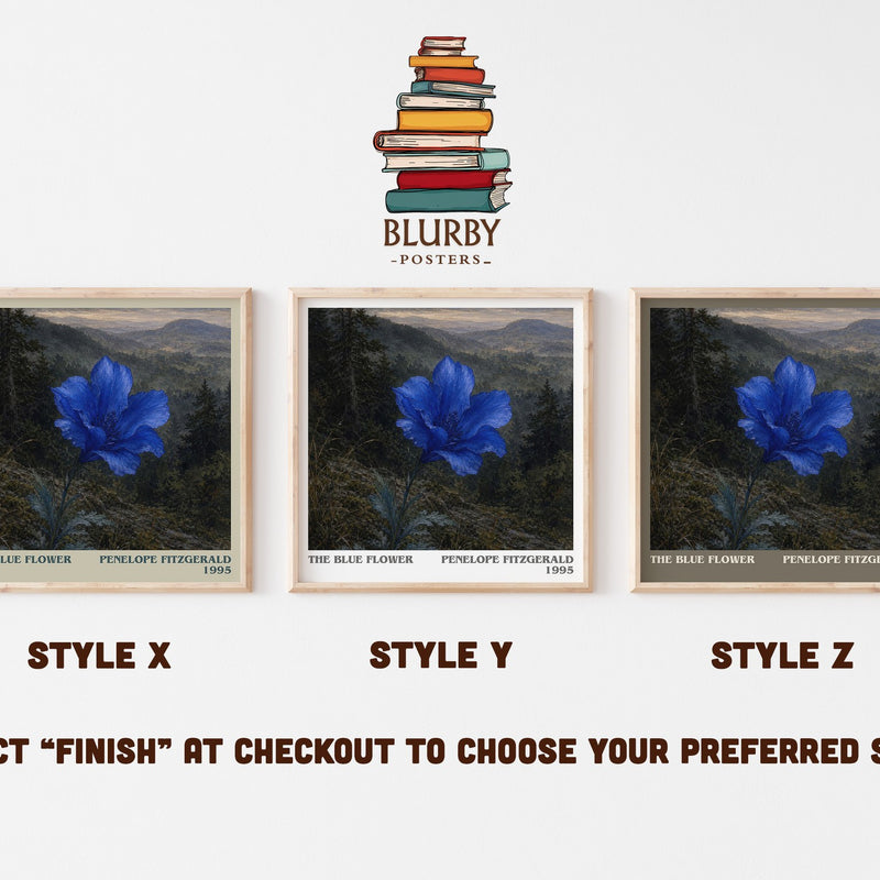 The Blue Flower literary print in frame leaning in hallway – historical fiction wall art