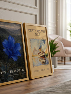 The Blue Flower watercolour print framed by window – literary home decor