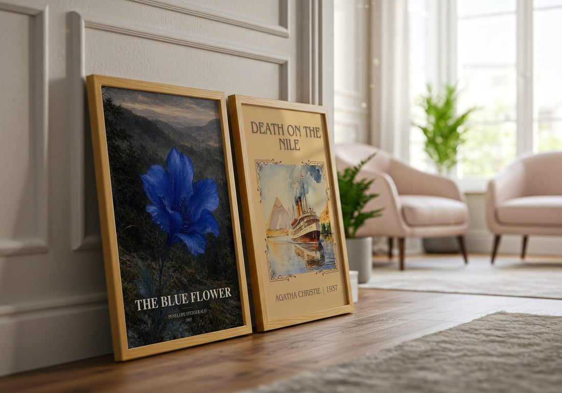 The Blue Flower watercolour print framed by window – literary home decor