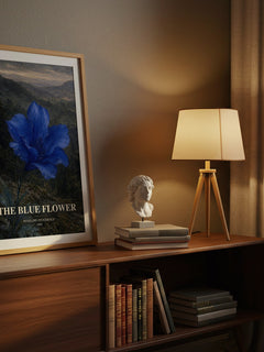 The Blue Flower watercolour print on bookshelf – Penelope Fitzgerald fan gift