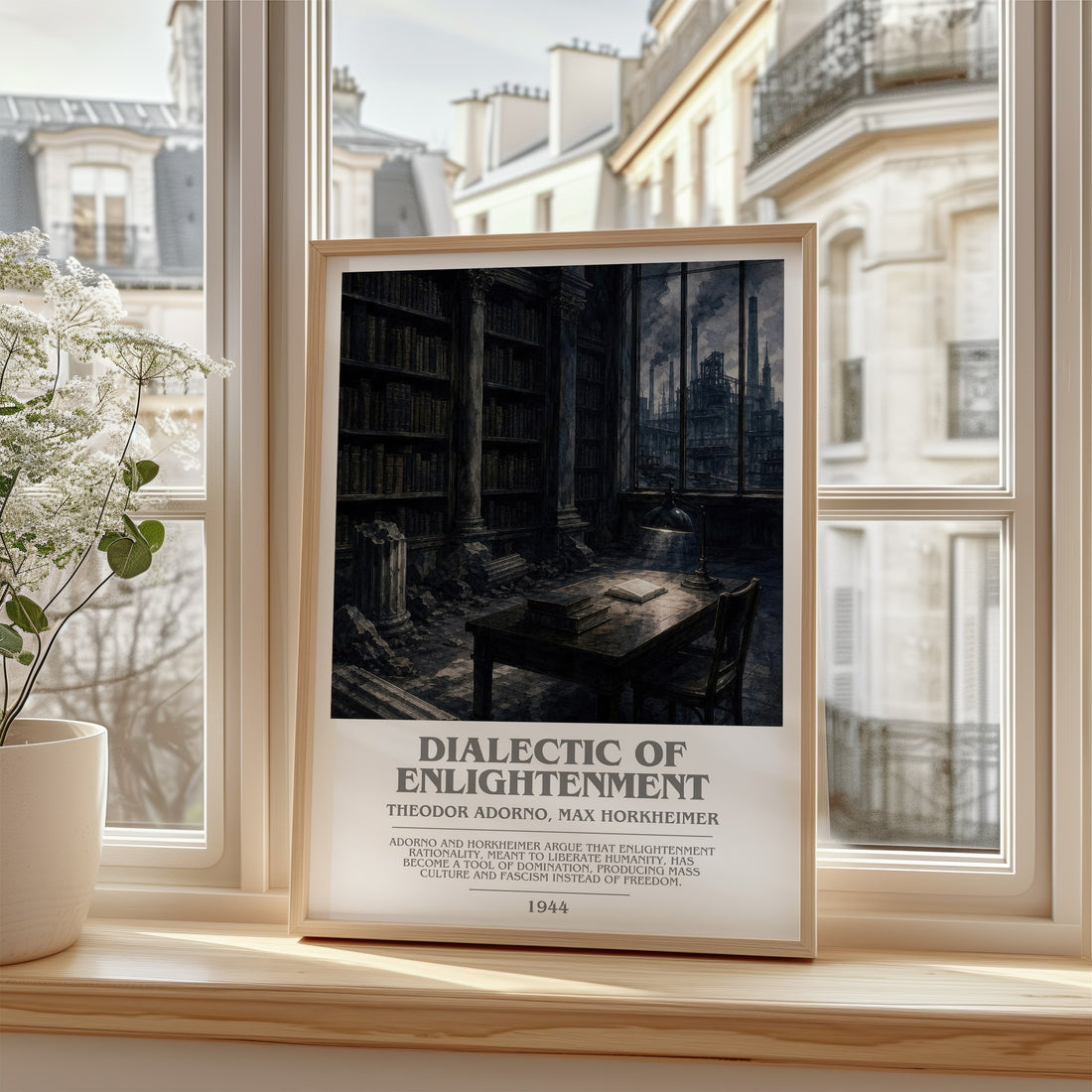 Dialectic Of Enlightenment Bookish Wall Art by T. Horkheimer – framed print by a bright window