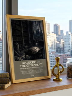 Dialectic Of Enlightenment Bookish Wall Art by T. Horkheimer – framed print on a city-view windowsill