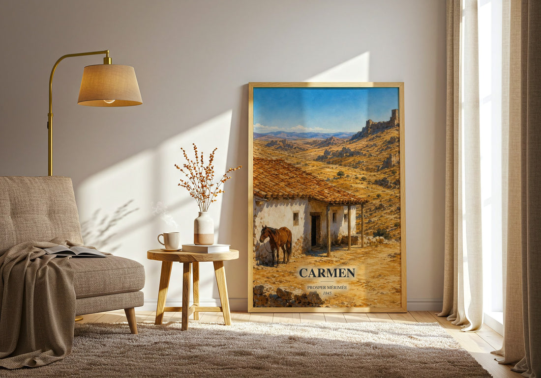Carmen watercolour print in frame leaning in hallway – classic literature wall art