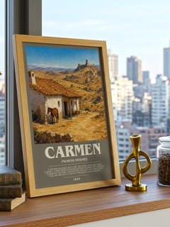 Carmen Bookish Wall Art by Prosper Mérimée – framed print on a city-view windowsill