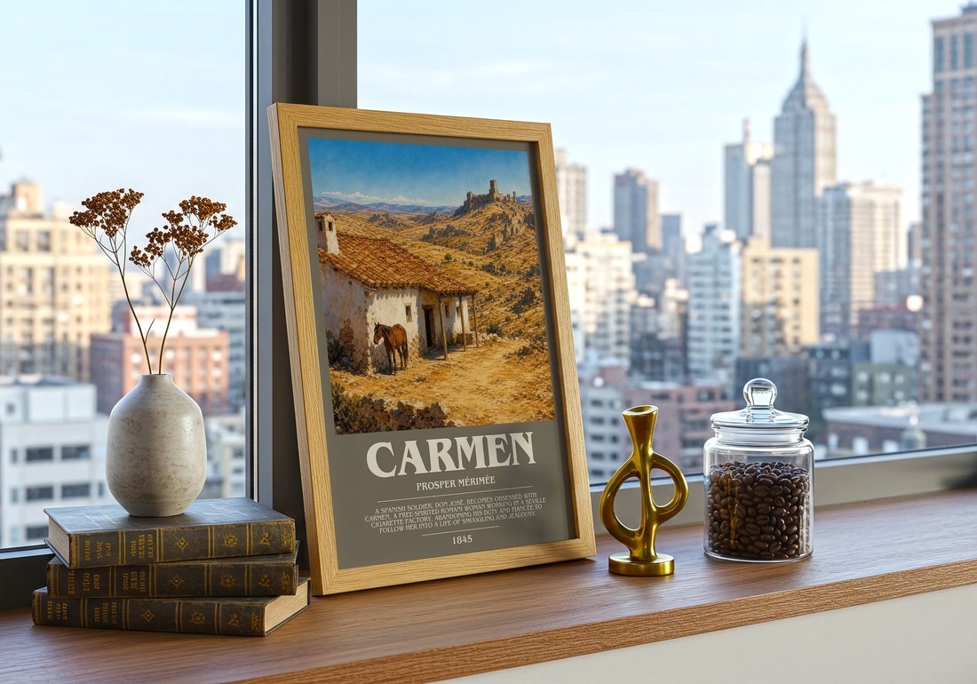 Carmen Bookish Wall Art by Prosper Mérimée – framed print on a city-view windowsill