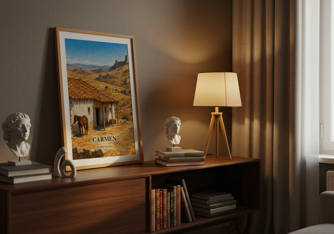 Carmen watercolour print on bookshelf – Prosper Mérimée fan gift