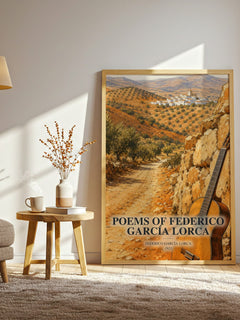 Poems of Federico García Lorca watercolour print in frame leaning in hallway – poetry wall art