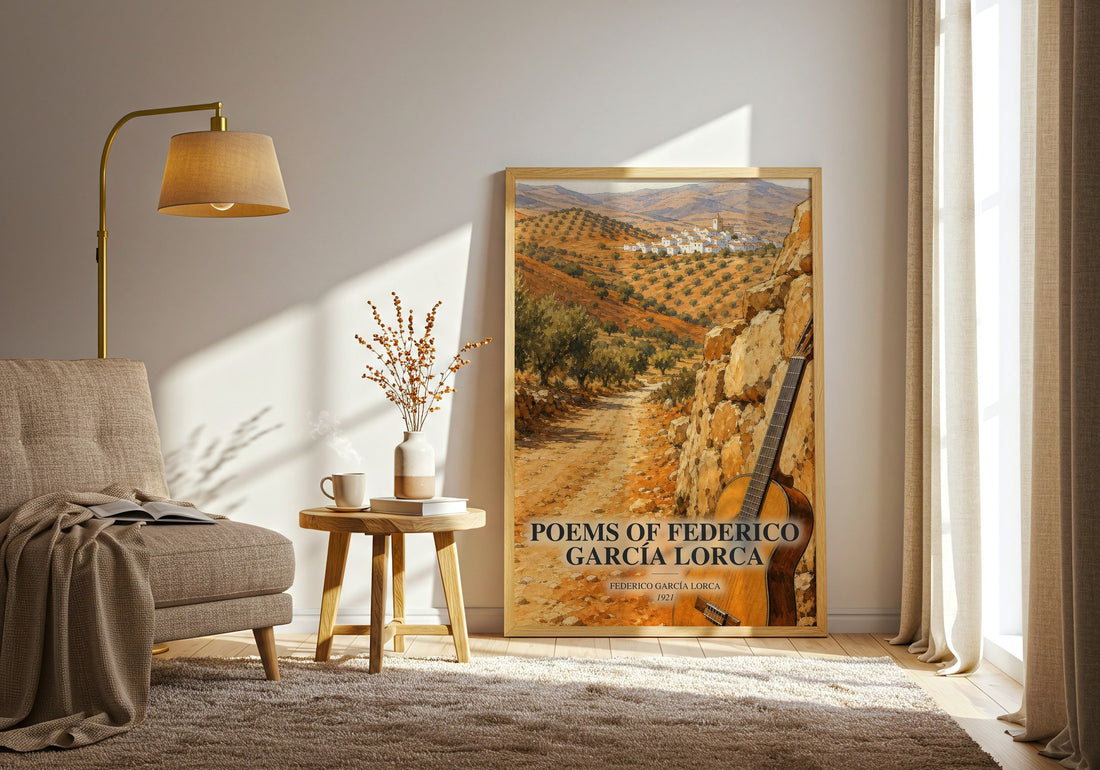 Poems of Federico García Lorca watercolour print in frame leaning in hallway – poetry wall art