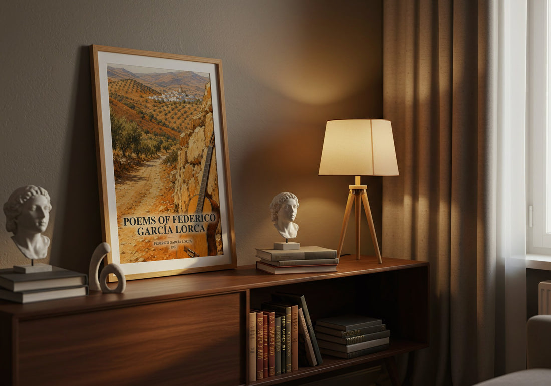 Poems of Federico García Lorca watercolour print on bookshelf – Federico García Lorca fan gift