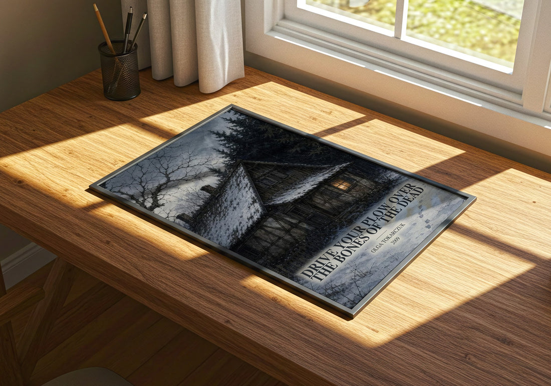 Drive Your Plow Over the Bones of the Dead watercolour book poster framed on wall – crime wall art