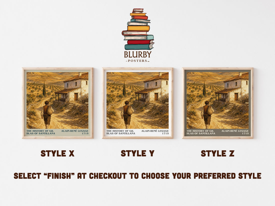 The History Of Gil Blas Of Santillana literary print in frame leaning in hallway – satire wall art (mockup)